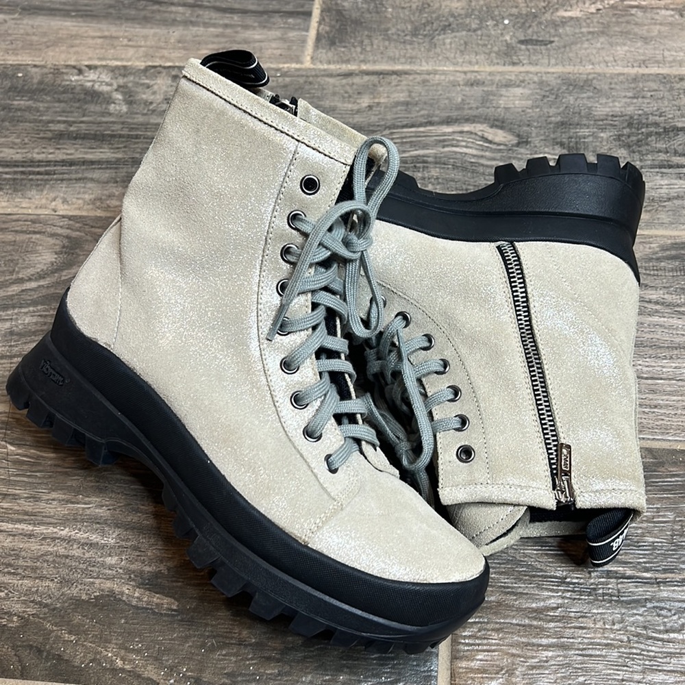 P448 Denise LEATHER PLATFORM COMBAT MOTO LACE UP Boot GREY 39